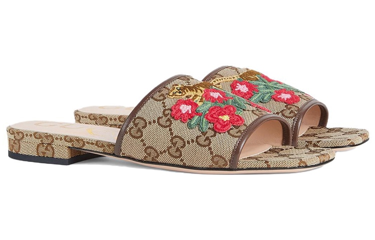 Gucci Tiger Embroidered Slides Beige — фото 2
