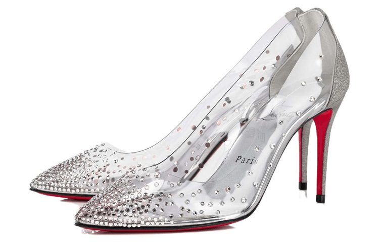 Christian Louboutin CL Platinum PVC Pointed Toe Rhinestone Stiletto Silver — фото 2