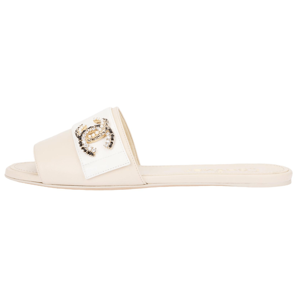 CHANEL Leather Slide Sandal Beige