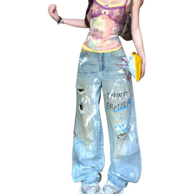 Yghome Official YGHOME Graffiti Distressed Jeans