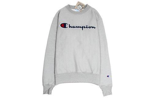 Champion Script Logo Flocked Crewneck Sweatshirt Light Grey