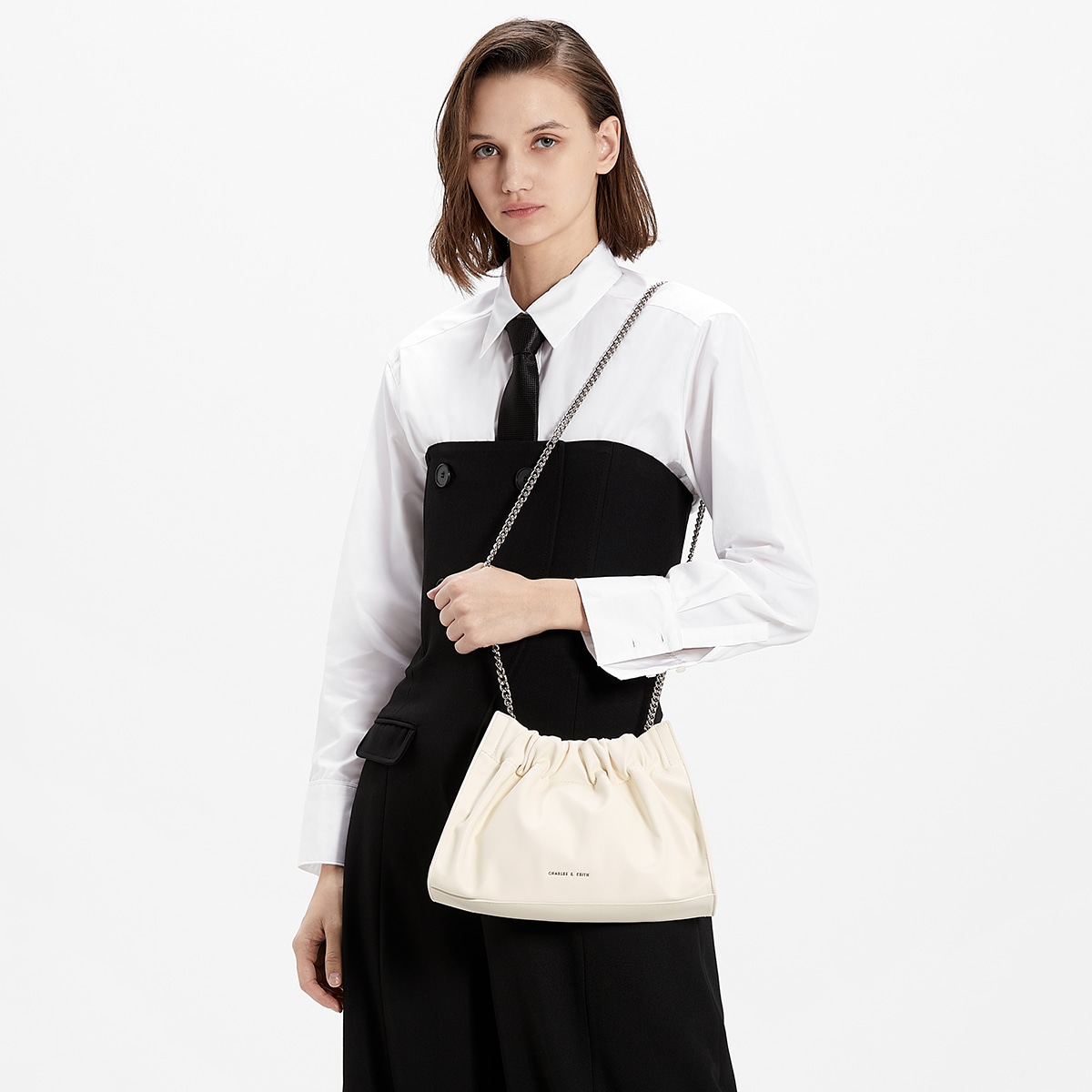 Charles&Keith Soft Large Chain Tote Noir Cream — фото 7