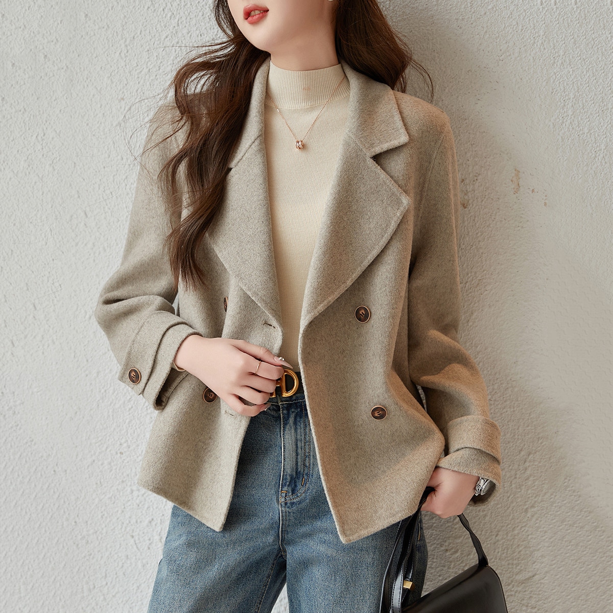 Dme 【dme】 纯色西装领双排扣短款长袖大衣 女款 慕斯杏 — фото 3