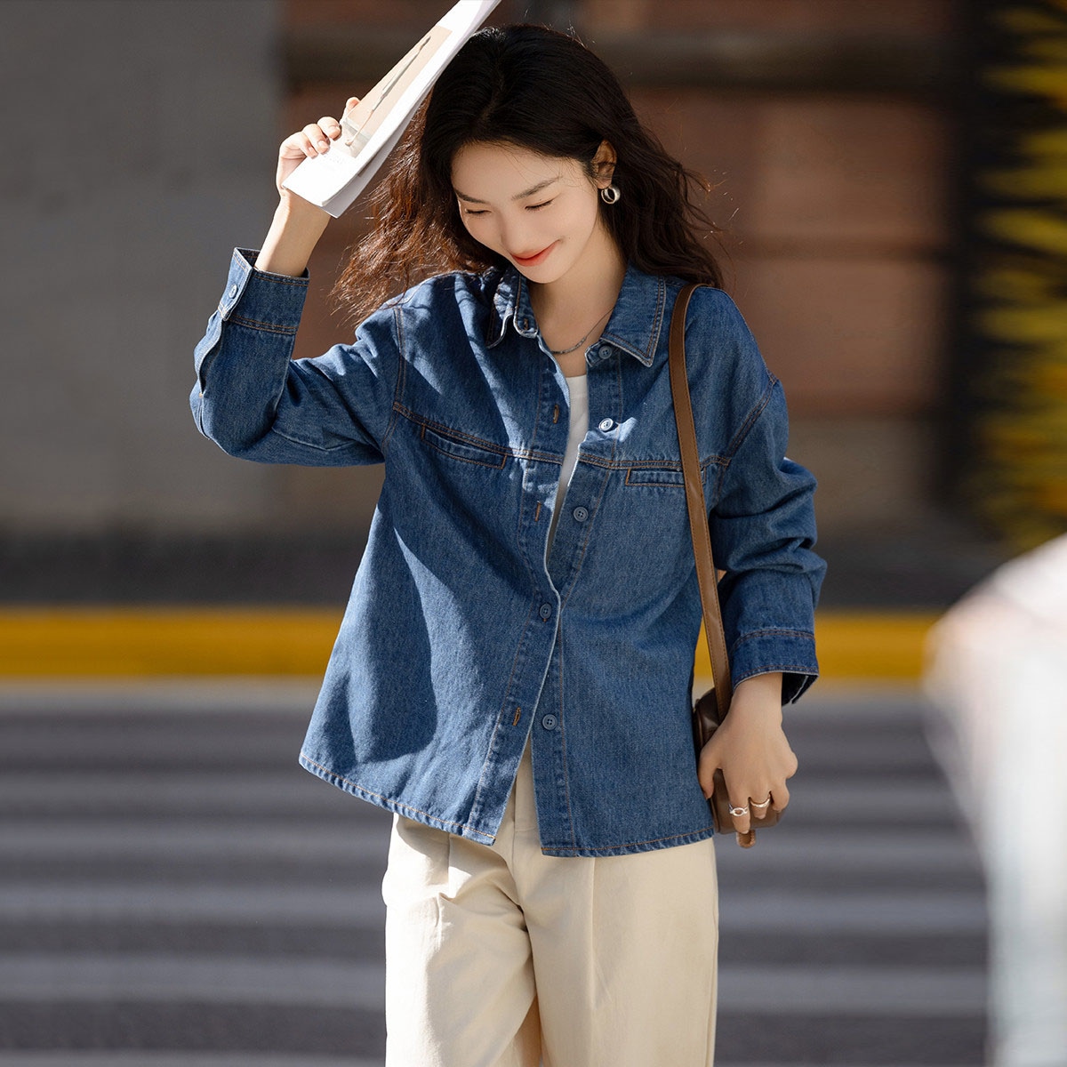 Dme 【dme】 简约纯色翻领长袖衬衫 女款 蓝色 — фото 2