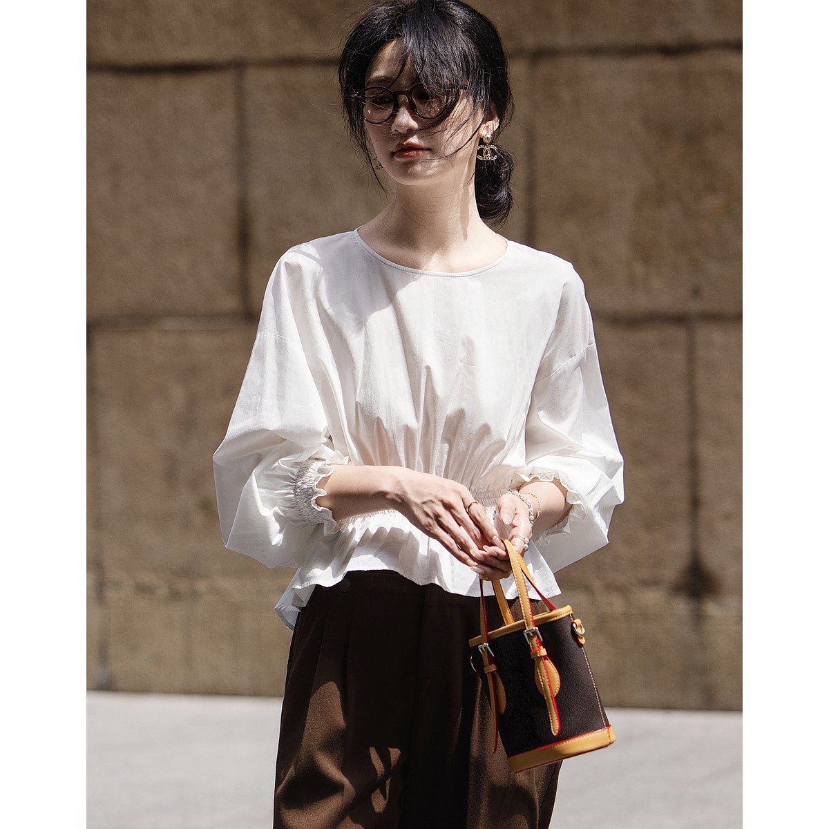 Dme 【dme】 圆领收腰纯色落肩袖长袖衬衫 女款 — фото 3