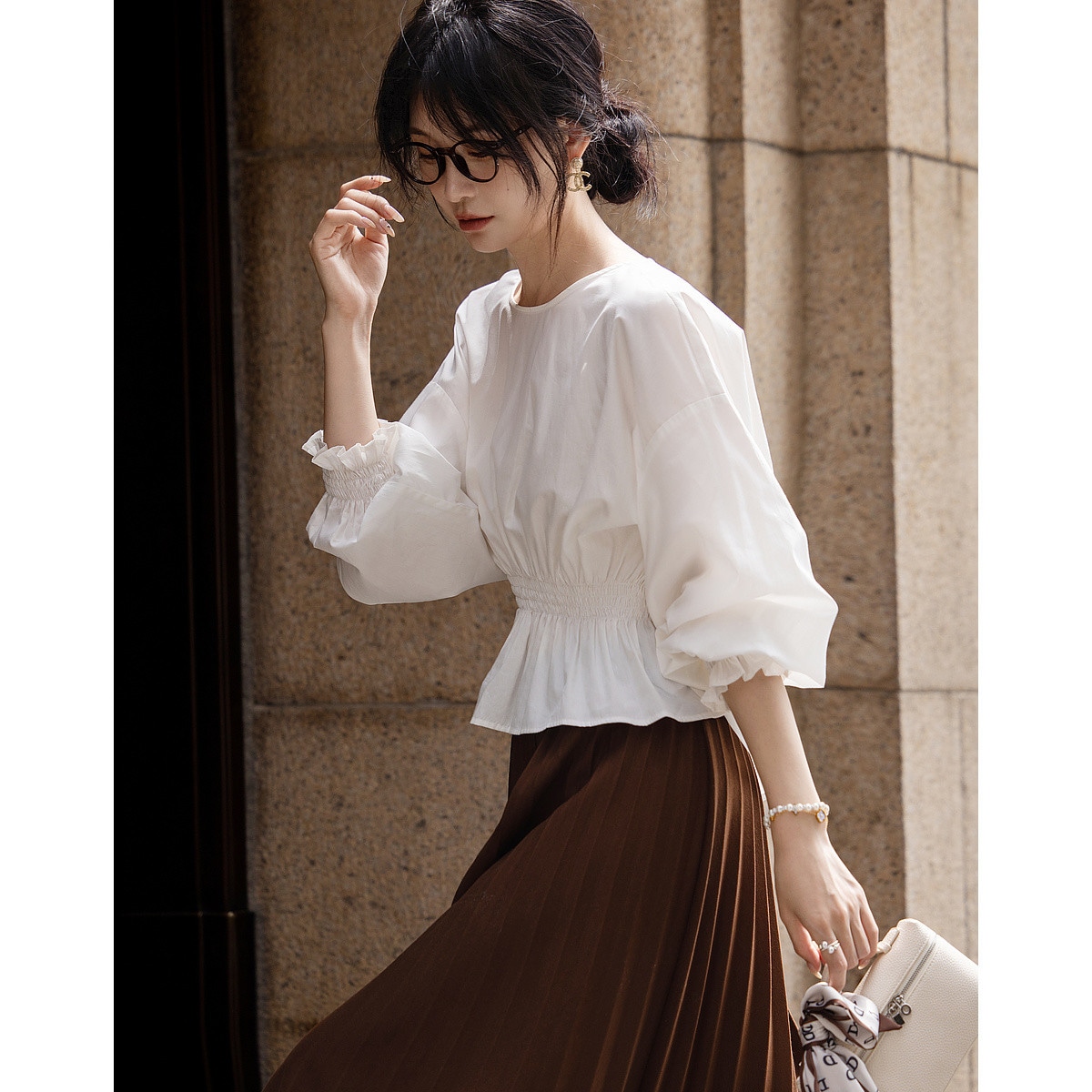 Dme 【dme】 圆领收腰纯色落肩袖长袖衬衫 女款 — фото 4