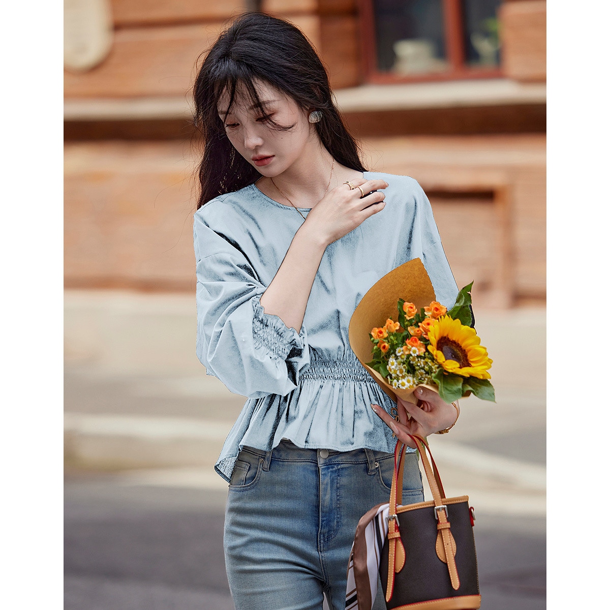 Dme 【dme】 圆领收腰纯色落肩袖长袖衬衫 女款 — фото 7