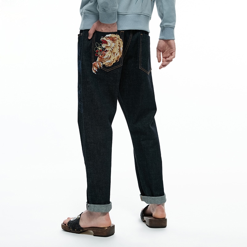 鬼洗 Oniarai Thief Blue Fire Lion Embroidered Straight Jeans — фото 2