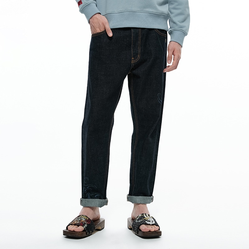 鬼洗 Oniarai Thief Blue Fire Lion Embroidered Straight Jeans — фото 3