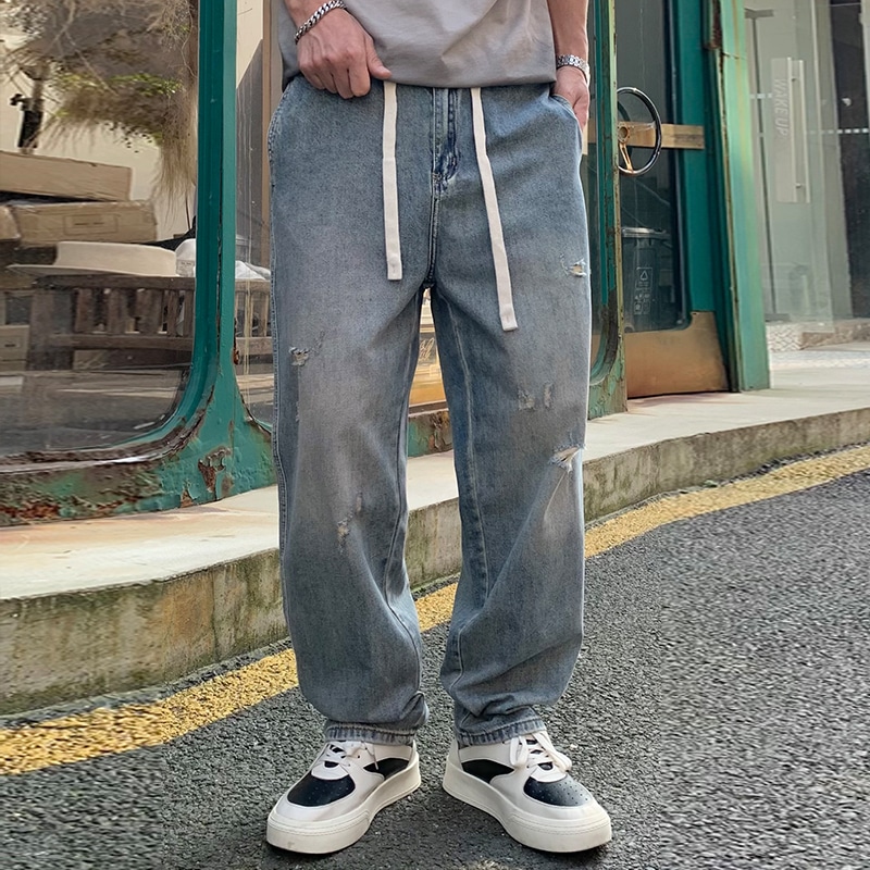 Dme 【dme】 薄款破洞刮烂复古做旧抽绳水洗牛仔裤 男款 怀旧色 — фото 5