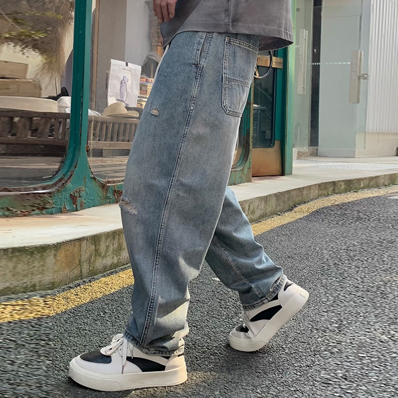 Dme 【dme】 薄款破洞刮烂复古做旧抽绳水洗牛仔裤 男款 怀旧色 — фото 6
