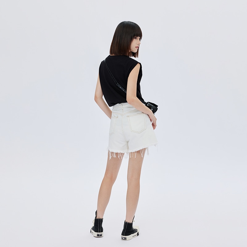Shuen SOON FLOWER Distressed Denim Shorts White — фото 4
