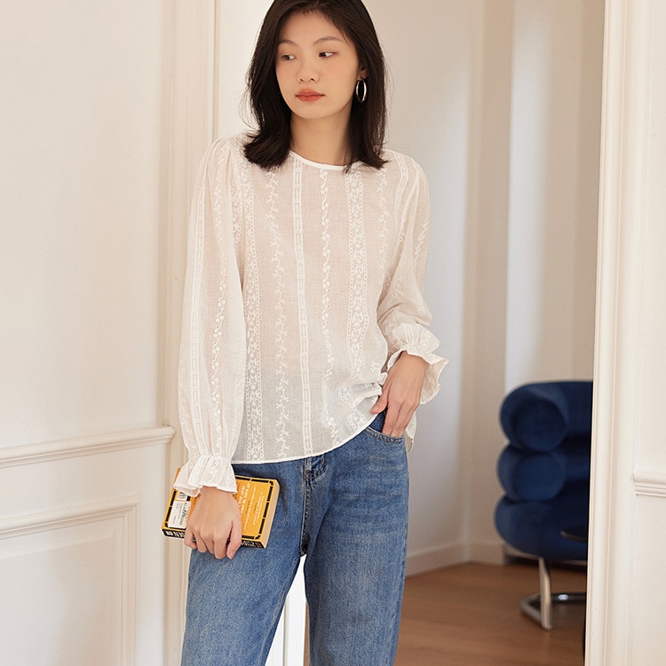 Dme 【dme】 蕾丝休闲圆领宽松套头长袖衬衫 女款 白色 — фото 1
