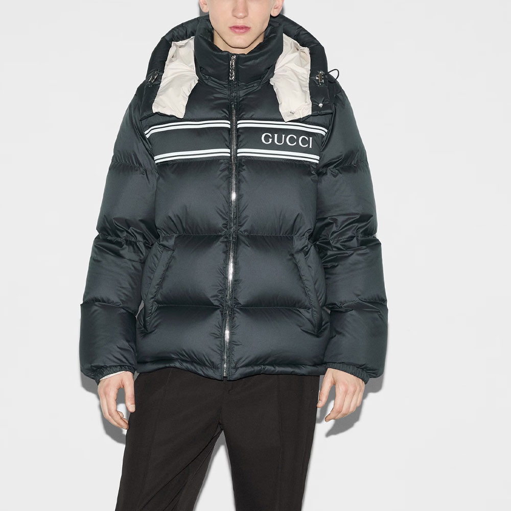 Gucci FW24 Striped Print Detachable Hood Down Jacket Navy Blue — фото 3