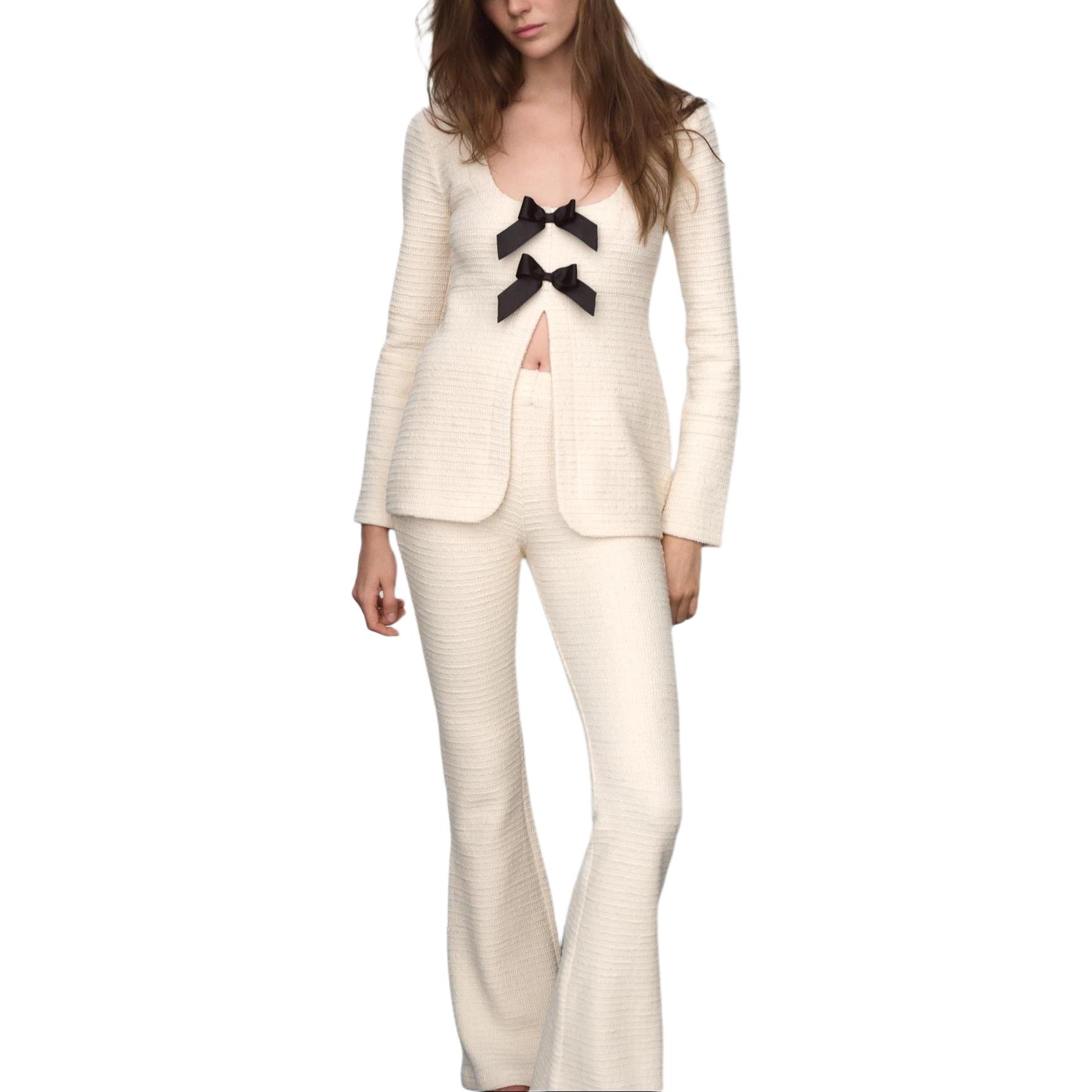 Zara Bow Detail Textured Hem Long Sleeve Tee Beige — фото 4