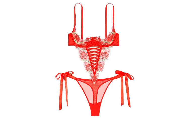 Victoria'S Secret Floral Lace Bodysuit Champagne Coral Print