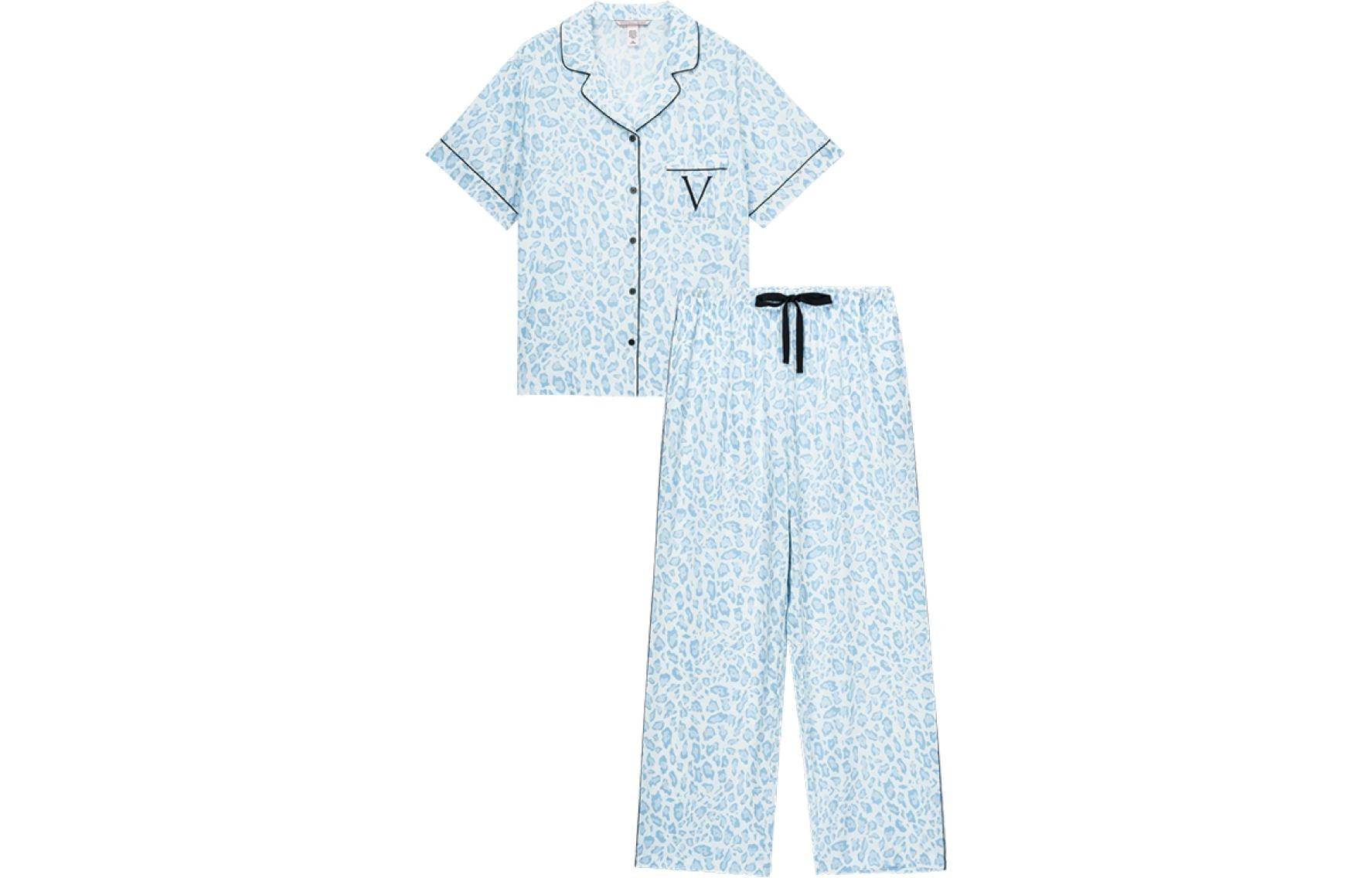 Victoria'S Secret Tencel Cotton Printed Pajama Set Blue Leopard