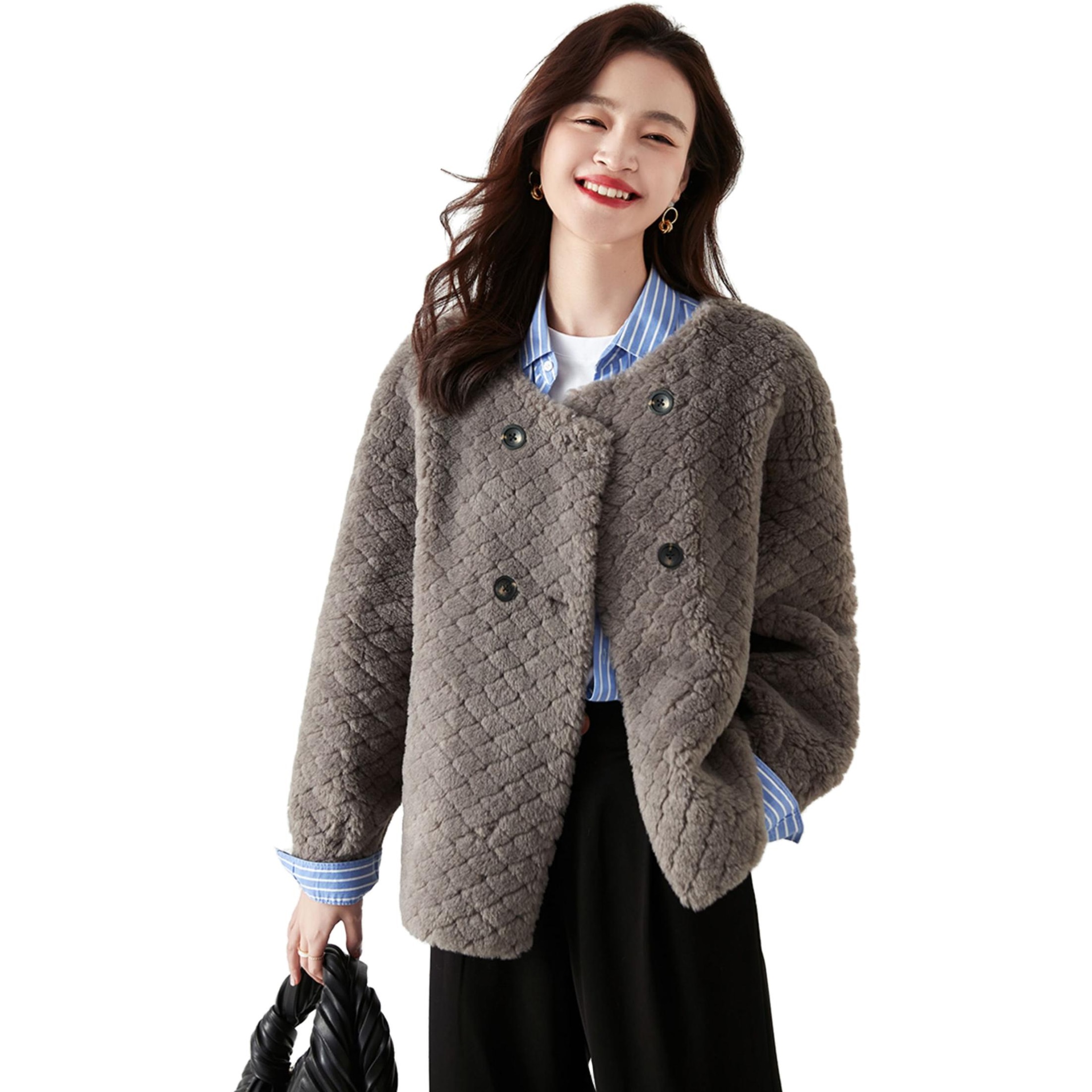 Dme 【dme】 纯色圆领纽扣毛毛棉服 女款 — фото 1