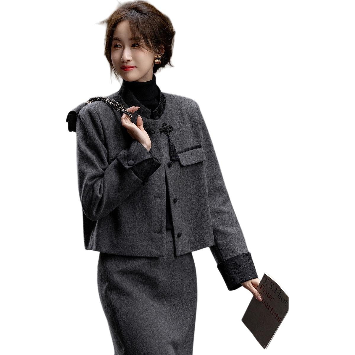 Dme 【dme】 纯色时尚半高领单排扣长袖大衣 女款 灰色 — фото 1