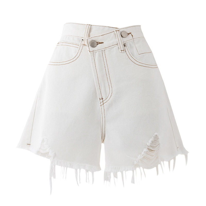 Shuen SOON FLOWER Distressed Denim Shorts White