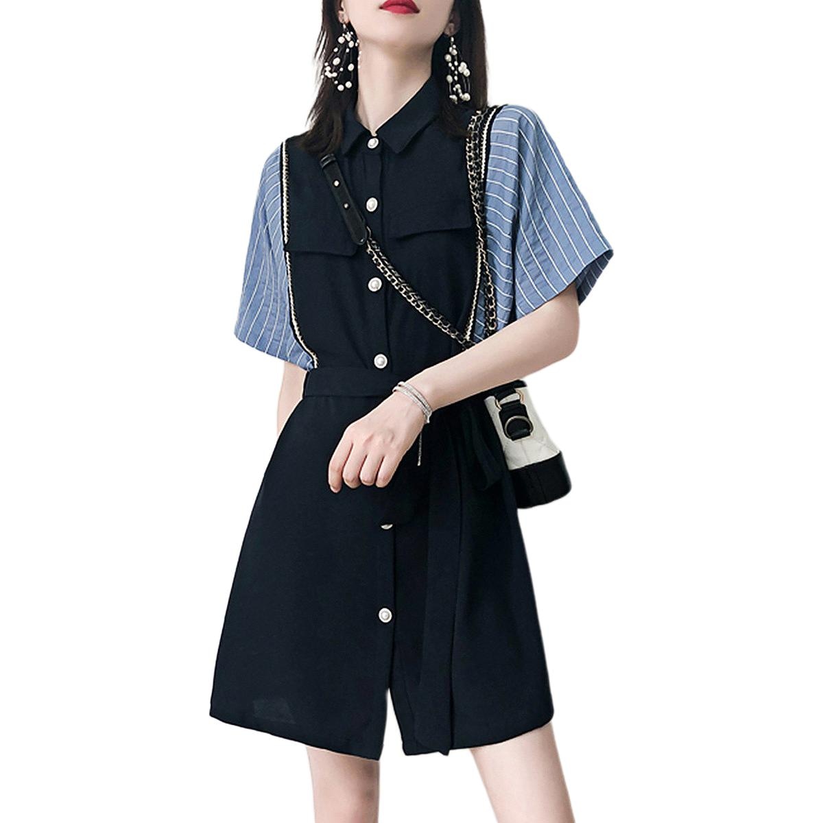 Dme 【dme】 法式条纹拼接撞色中长裙时尚减龄气质通勤短袖连衣裙 女款 藏青
