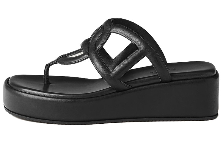 HERMES/爱马仕 Hermes Leather Herringbone Platform Sandals Black
