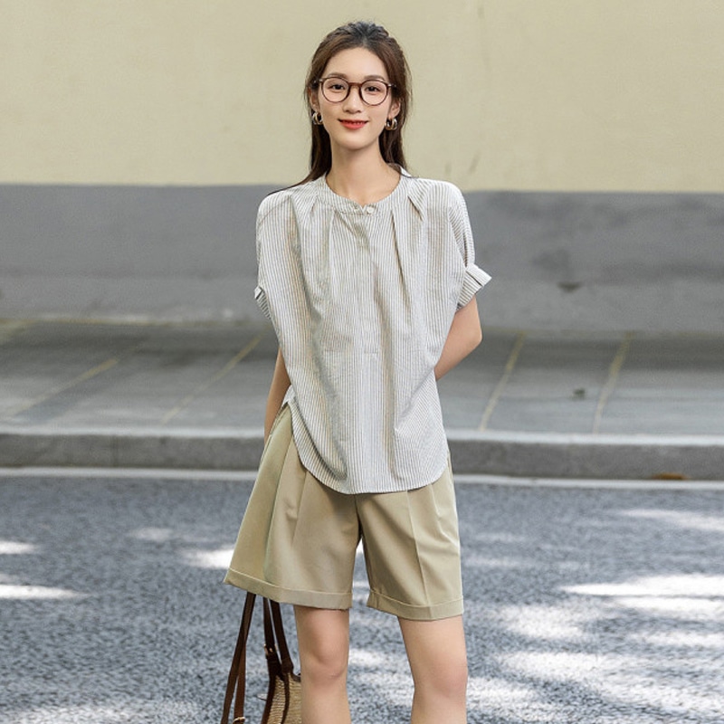 Dme 【dme】 宽松立领休闲短袖衬衫 女款 黑白条纹 — фото 2