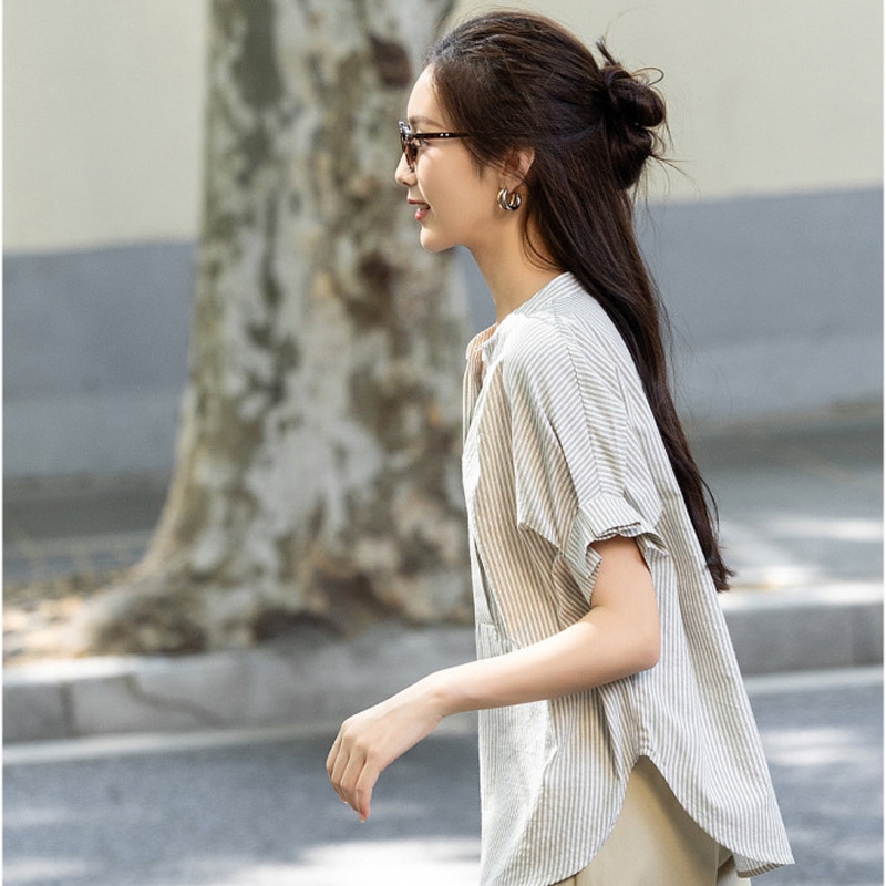Dme 【dme】 宽松立领休闲短袖衬衫 女款 黑白条纹 — фото 4