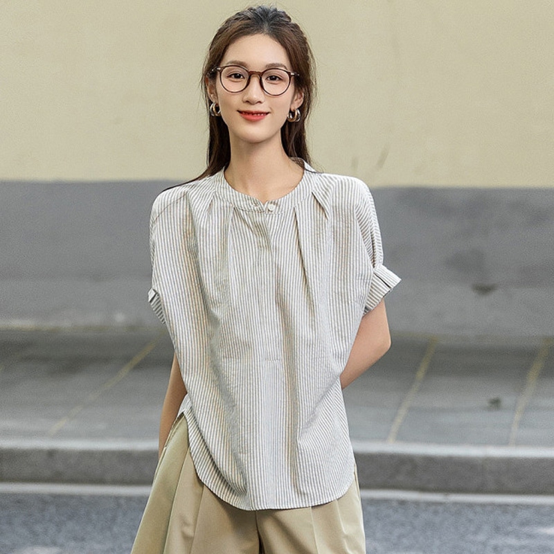 Dme 【dme】 宽松立领休闲短袖衬衫 女款 黑白条纹 — фото 1