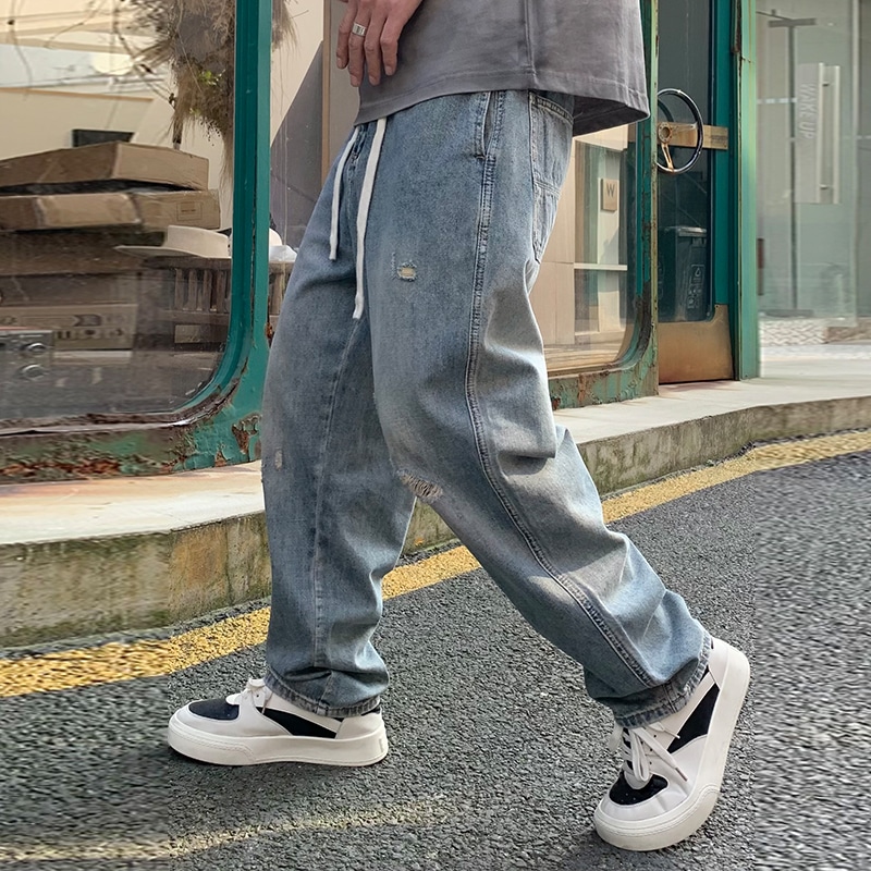 Dme 【dme】 薄款破洞刮烂复古做旧抽绳水洗牛仔裤 男款 怀旧色 — фото 3