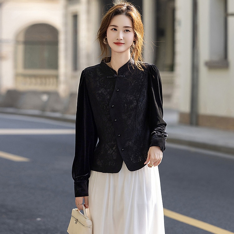 Dme 【dme】 复古新中式立领优雅蕾丝长袖衬衫 女款 — фото 1
